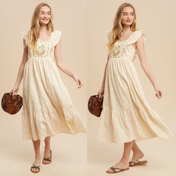 NEW Cream Apron Ruffle Square Neck Floral Embroidered Tie Back Cotton Midi Dress - Picture 5 of 12
